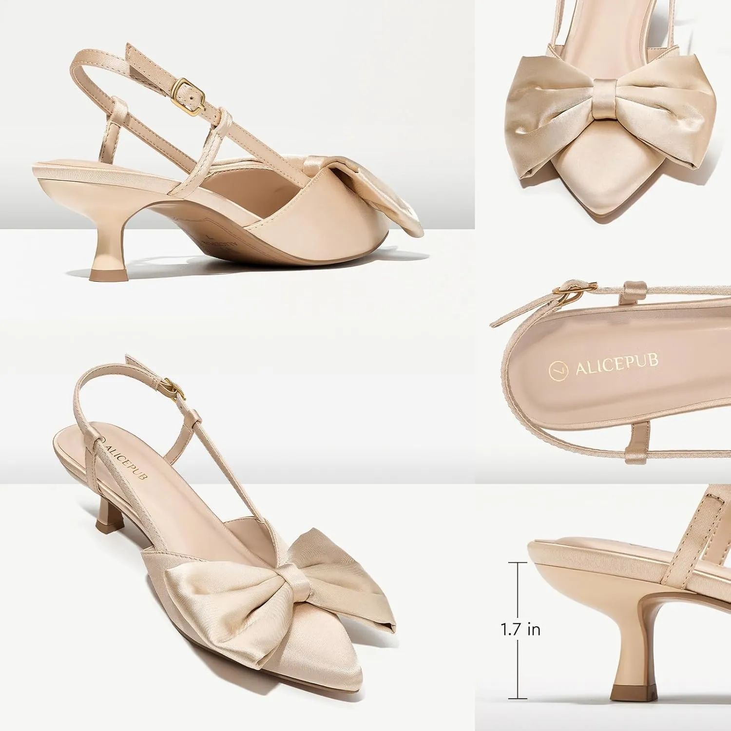 ALICEPUB Women's Slingback Kitten Heels - Closed Pointed Toe Low Heels Comfortable Dress Shoes for Wedding, Bridal, Business, Office, Work, Casual Pumps
