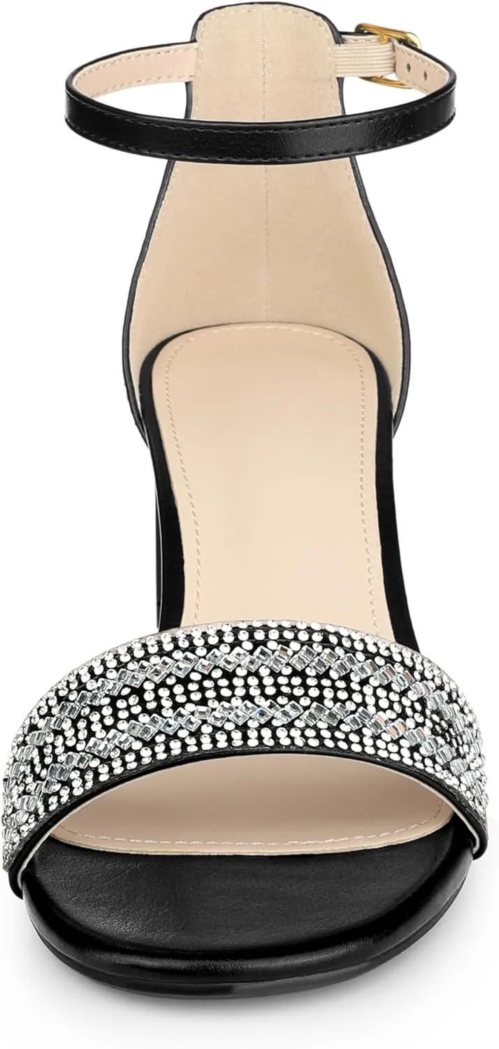 Allegra K Women's Sparkly Rhinestone Ankle Strap Chunky Heel Sandals