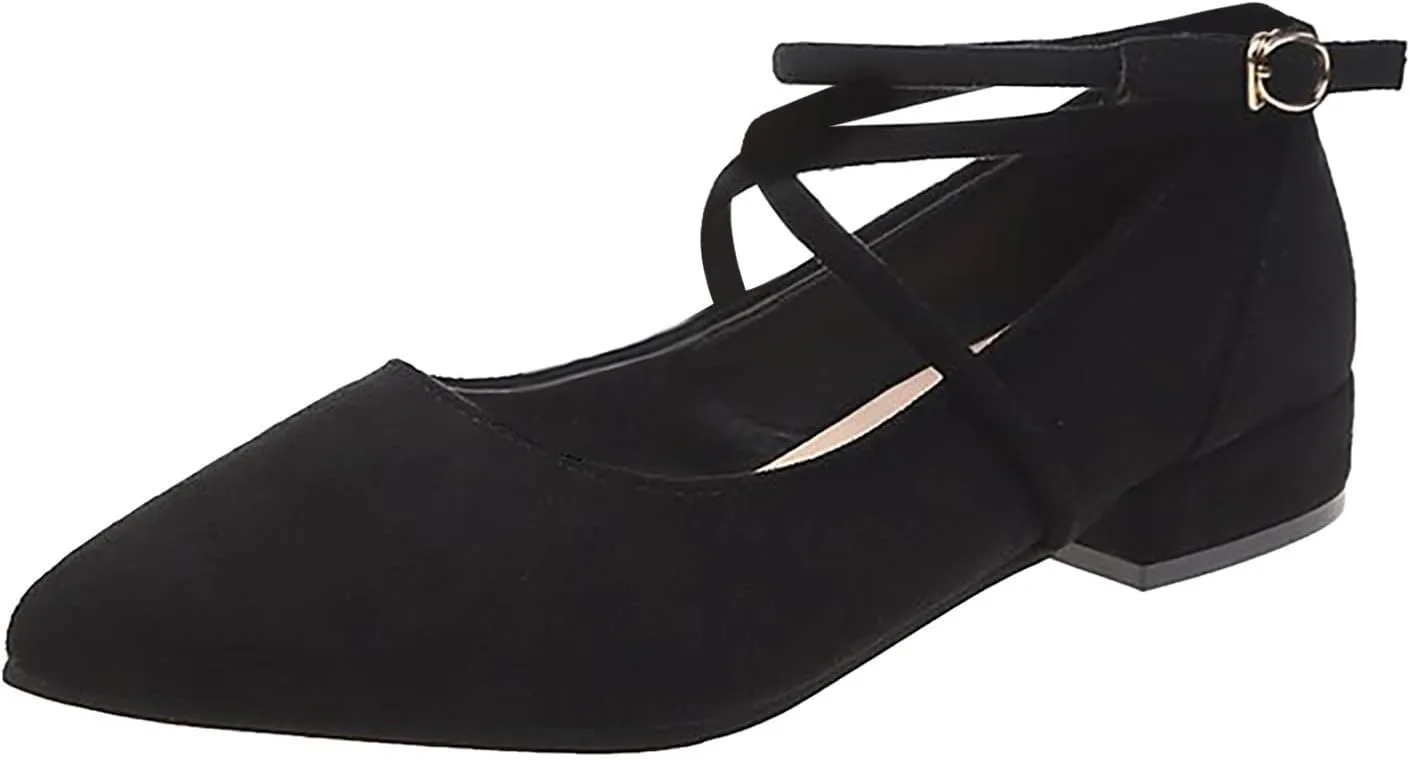 AMDBEL Flat Heeled Dress Shoes for Women, Women's Pointed Toe Low Heeled Ankle Strap Flats Shoes for Women Dressy Comfortable, Casual Slip-on Dress Shoes for Business Office and Work