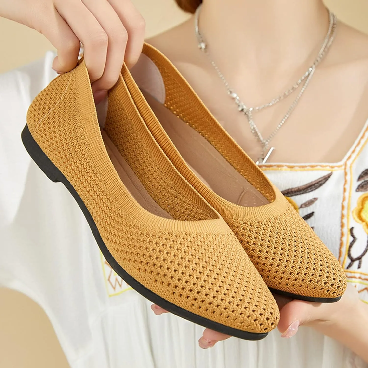 AMDBEL Flats Shoes Women Dressy Comfortable Ballet Flats Shoes Foldable Knit Women's Flats with Arch Support Work Office Shoe