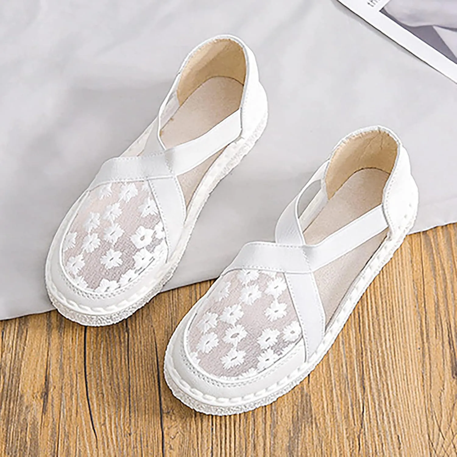 AMDBEL Flats Shoes Women Dressy Comfortable Trendy Crochet Floral Lace Low Top Play Sneakers Slip On Mesh Casual Loafers