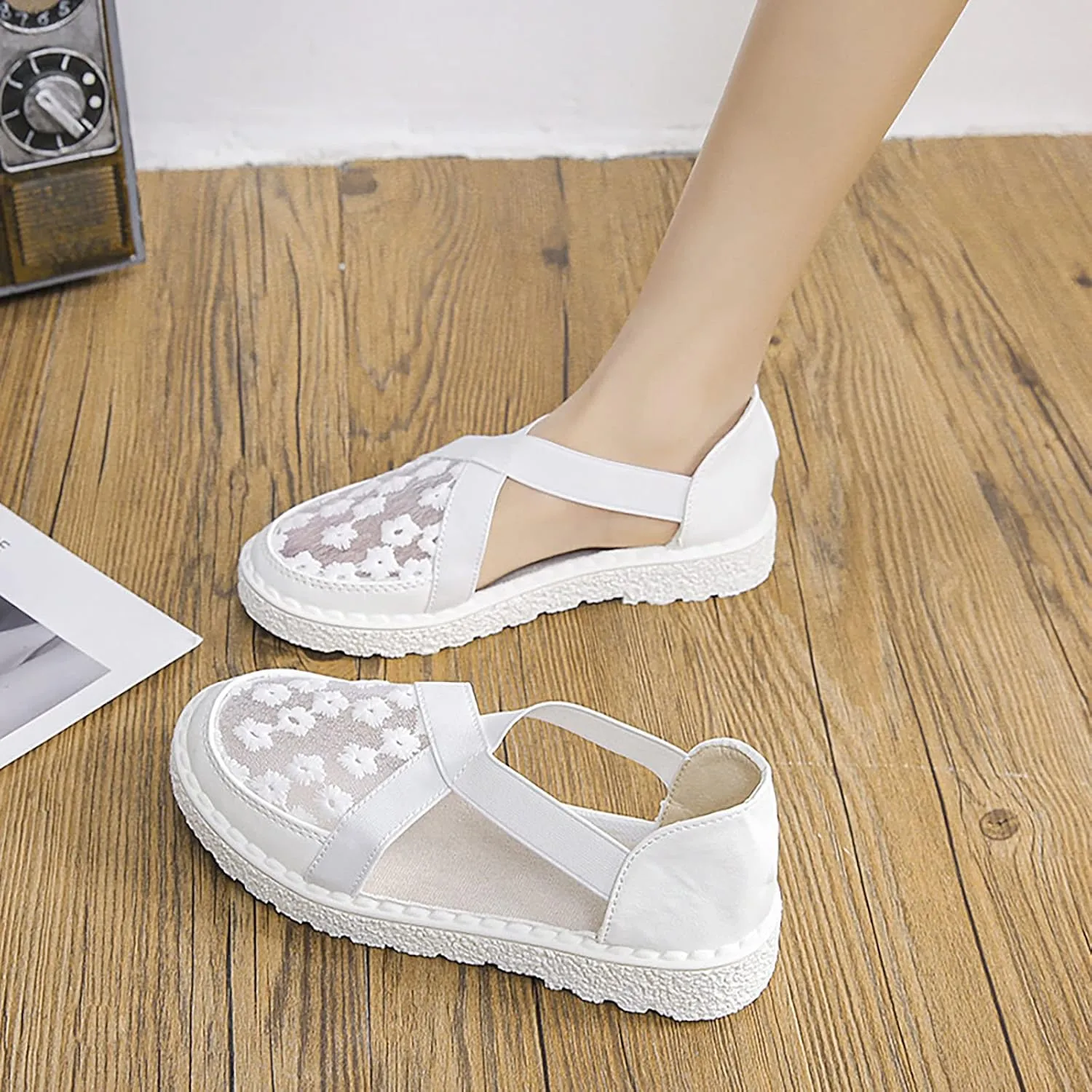 AMDBEL Flats Shoes Women Dressy Comfortable Trendy Crochet Floral Lace Low Top Play Sneakers Slip On Mesh Casual Loafers