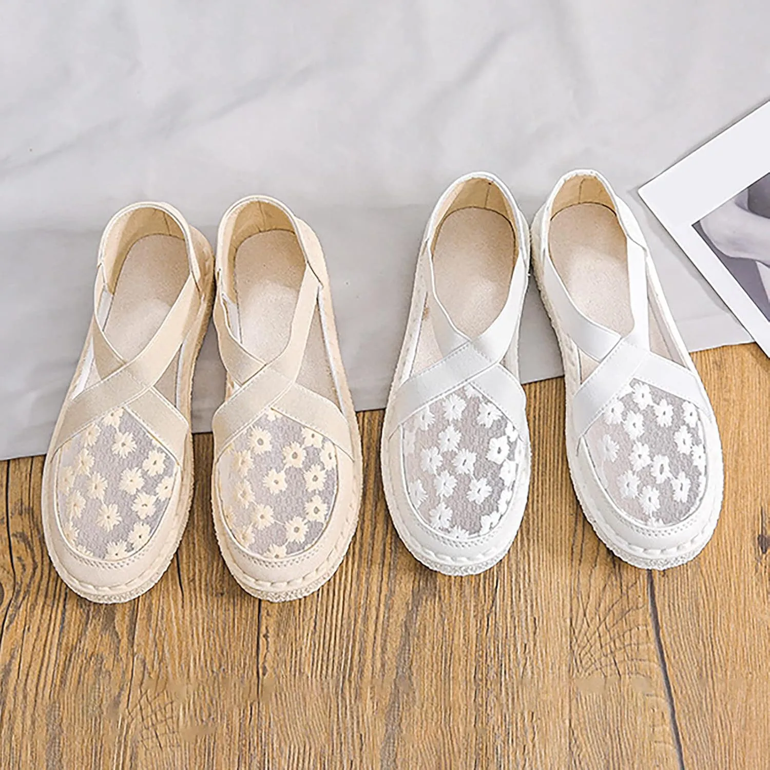 AMDBEL Flats Shoes Women Dressy Comfortable Trendy Crochet Floral Lace Low Top Play Sneakers Slip On Mesh Casual Loafers