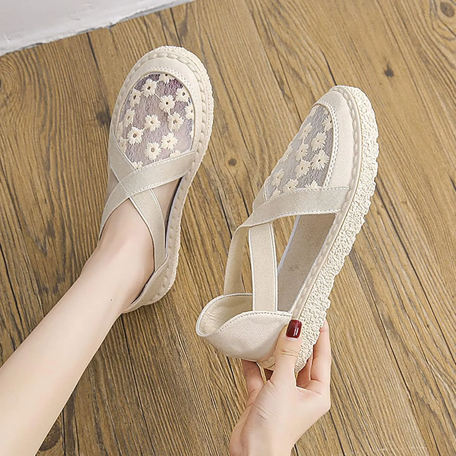 AMDBEL Flats Shoes Women Dressy Comfortable Trendy Crochet Floral Lace Low Top Play Sneakers Slip On Mesh Casual Loafers