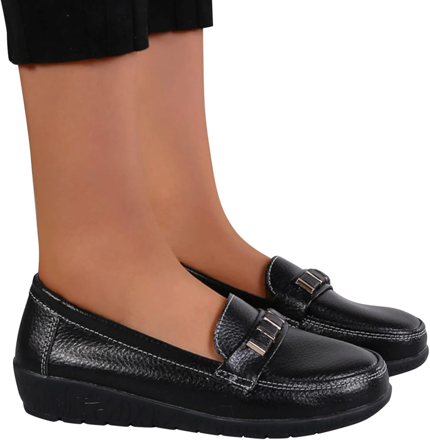 AMDBEL Flats Shoes Women Dressy Comfortable Women's Leather Casual Penny Loafers Slip-On Walking Driving Boat Flat Shoes