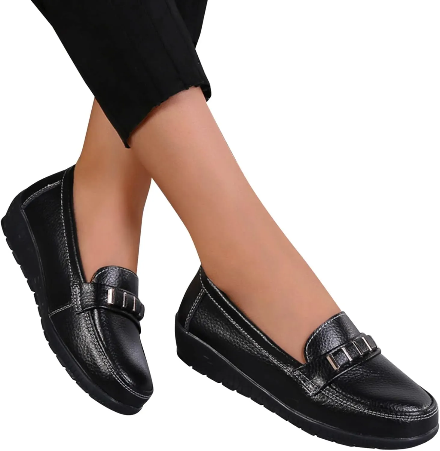 AMDBEL Flats Shoes Women Dressy Comfortable Women's Leather Casual Penny Loafers Slip-On Walking Driving Boat Flat Shoes