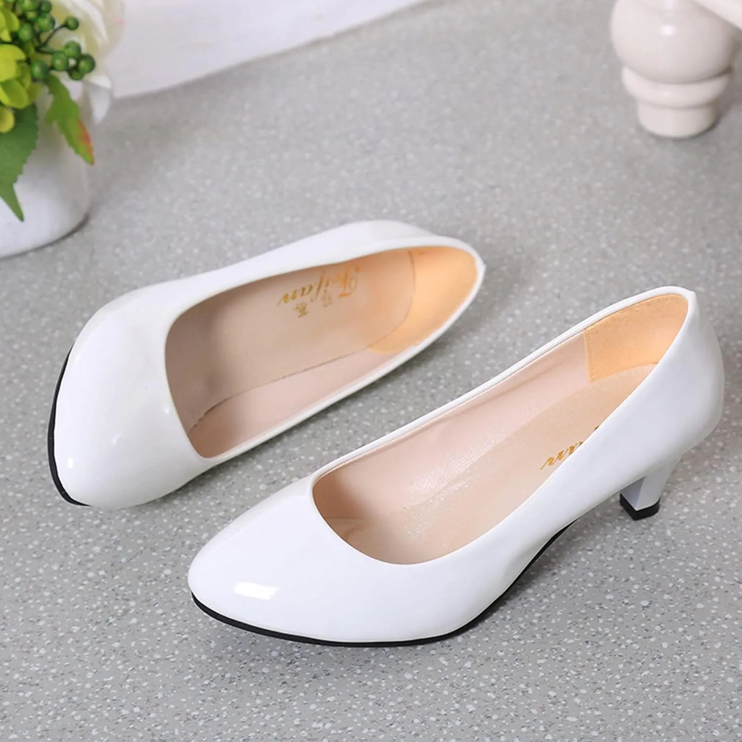 AMDBEL Pumps for Women Low Heel, Women's High Heels Ballet Flats Patent Leather Pointed Toe Stiletto Slip On Dress Pump Shoes