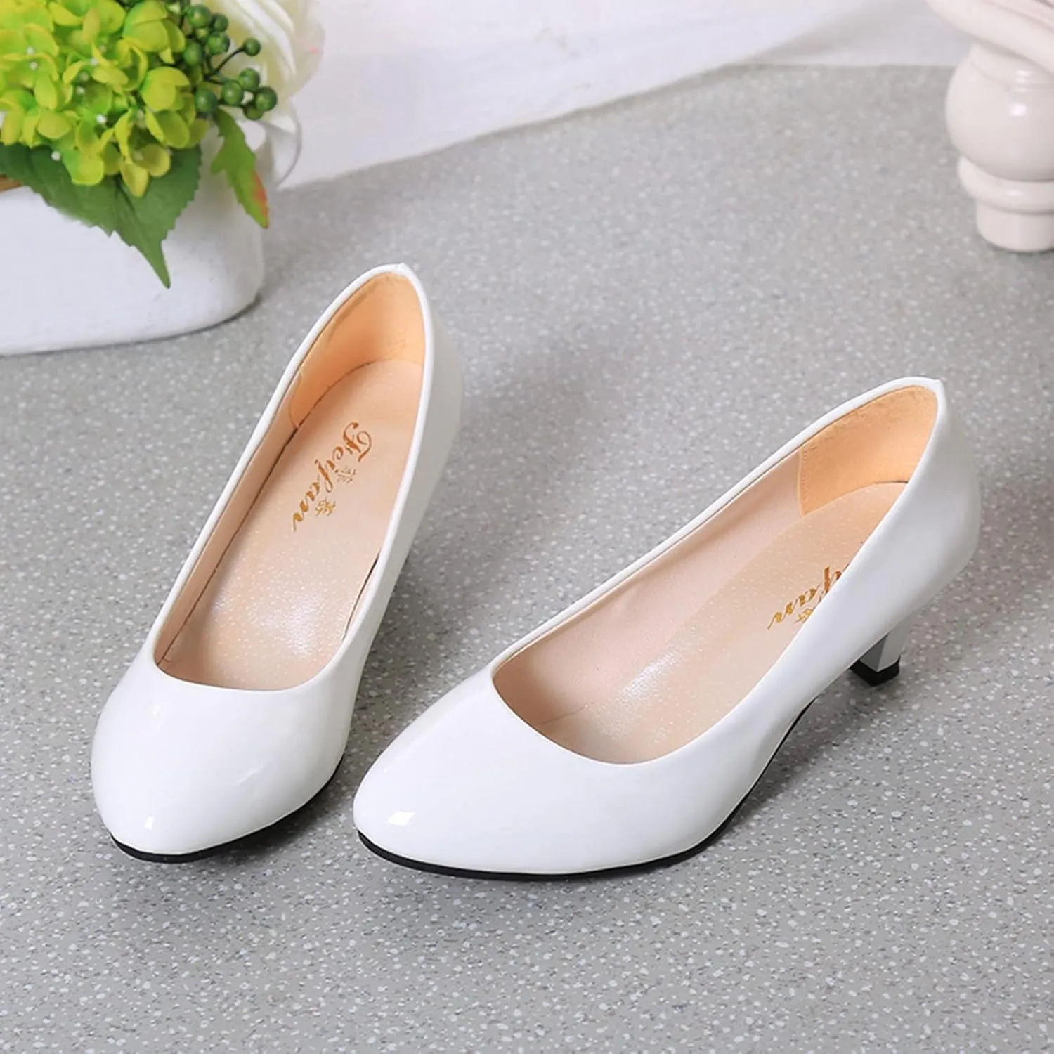 AMDBEL Pumps for Women Low Heel, Women's High Heels Ballet Flats Patent Leather Pointed Toe Stiletto Slip On Dress Pump Shoes