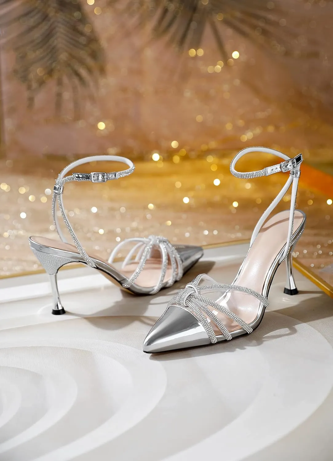 AUMOTED Women's Stiletto High Heel Pumps Ladies Clear Heels Patent Pointed Toe Pumps Crystal Rhinestones Ankle Strap Wedding Bridal Dress Heeled Sandals 3.4 Inch