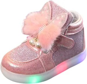 Baby Girls Boys Boots Led High Top First Walking Shoes Rabbit Ear Cotton 𝐋ining Luminous Light up Casual Shoes