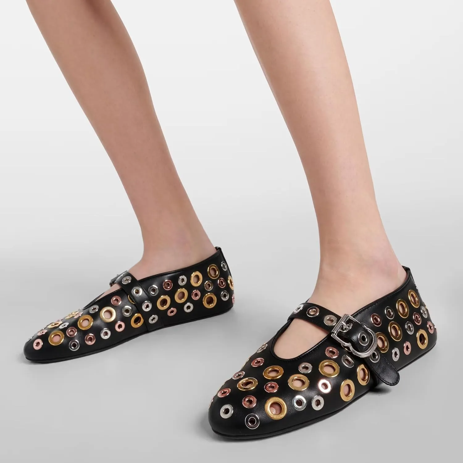 Ballet Flats for Women Metal Buckle Strap Perforated Mary Jane Comfortable Ballerina Flat Shoes