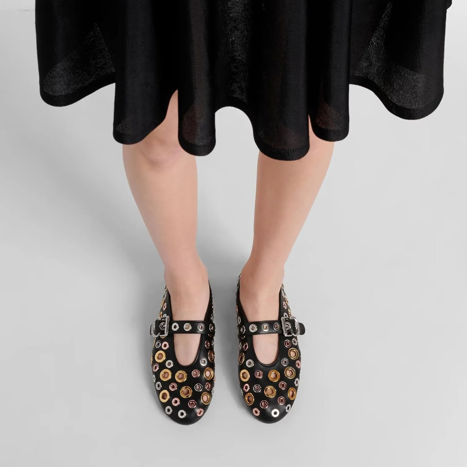 Ballet Flats for Women Metal Buckle Strap Perforated Mary Jane Comfortable Ballerina Flat Shoes
