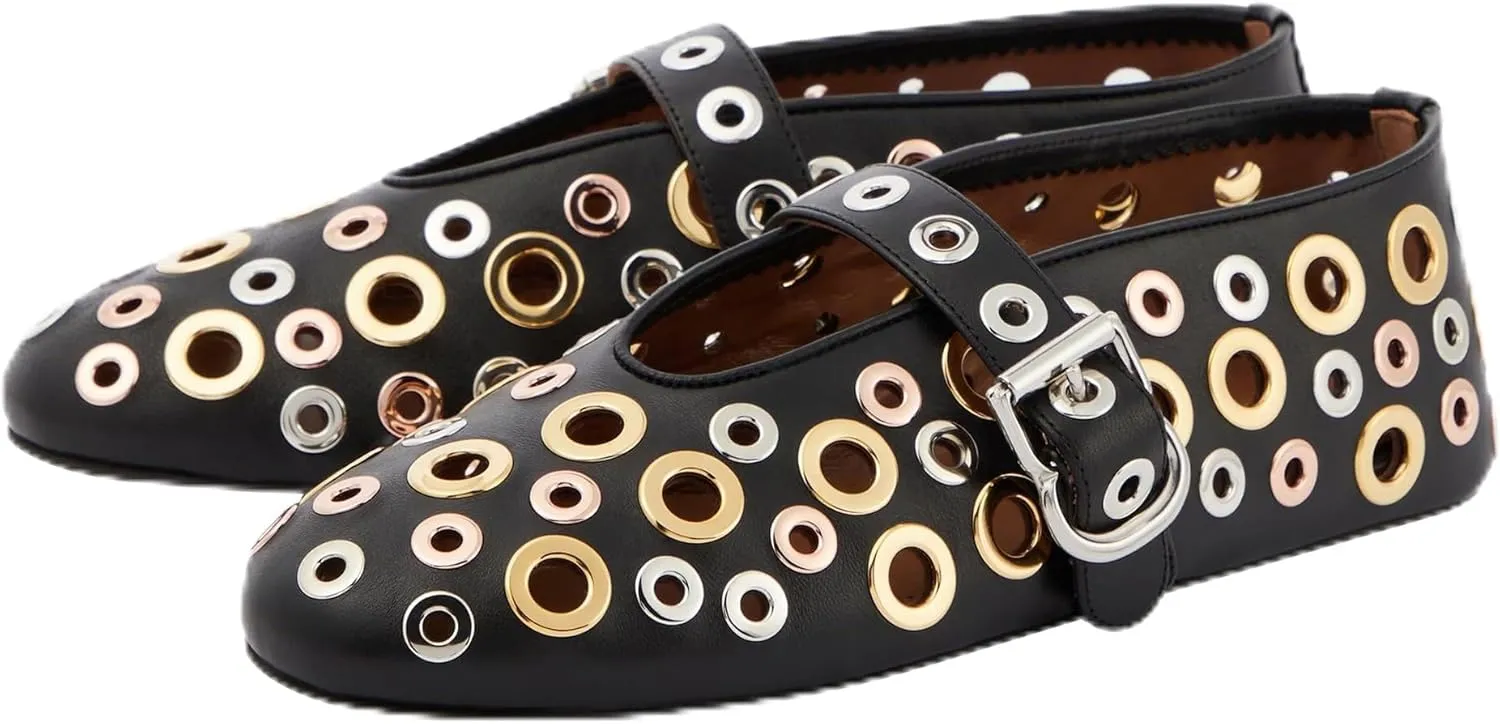 Ballet Flats for Women Metal Buckle Strap Perforated Mary Jane Comfortable Ballerina Flat Shoes