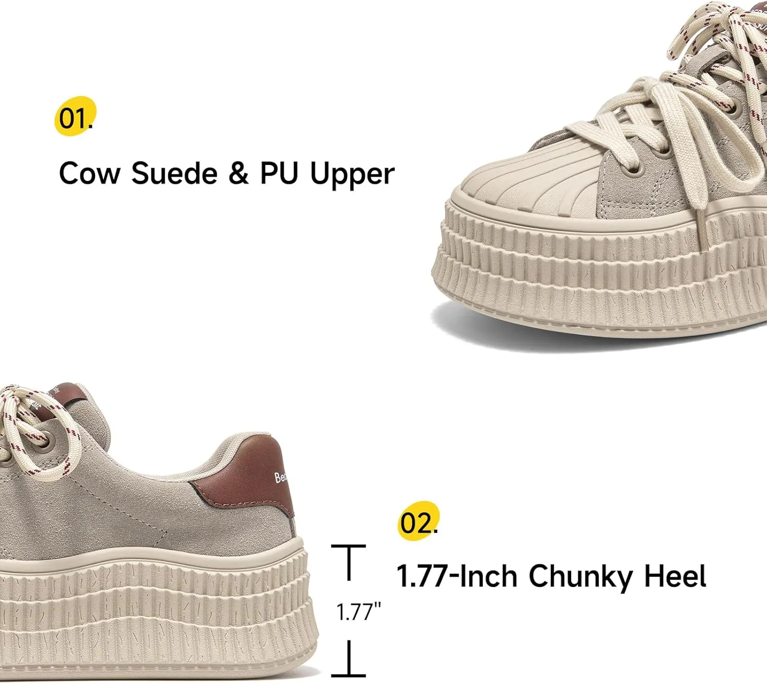BEAU TODAY Platform Suede Sneakers for Women, Fashion Chunky Sneakers Women, Leather Tennis Ladies Shoes Comfortable, Retro Cute Lace-up Tennis Runnig Trainer Walking Shoes