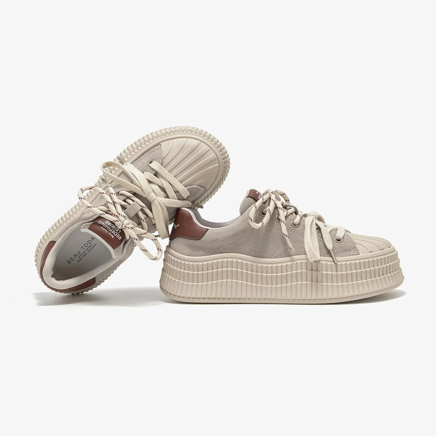 BEAU TODAY Platform Suede Sneakers for Women, Fashion Chunky Sneakers Women, Leather Tennis Ladies Shoes Comfortable, Retro Cute Lace-up Tennis Runnig Trainer Walking Shoes