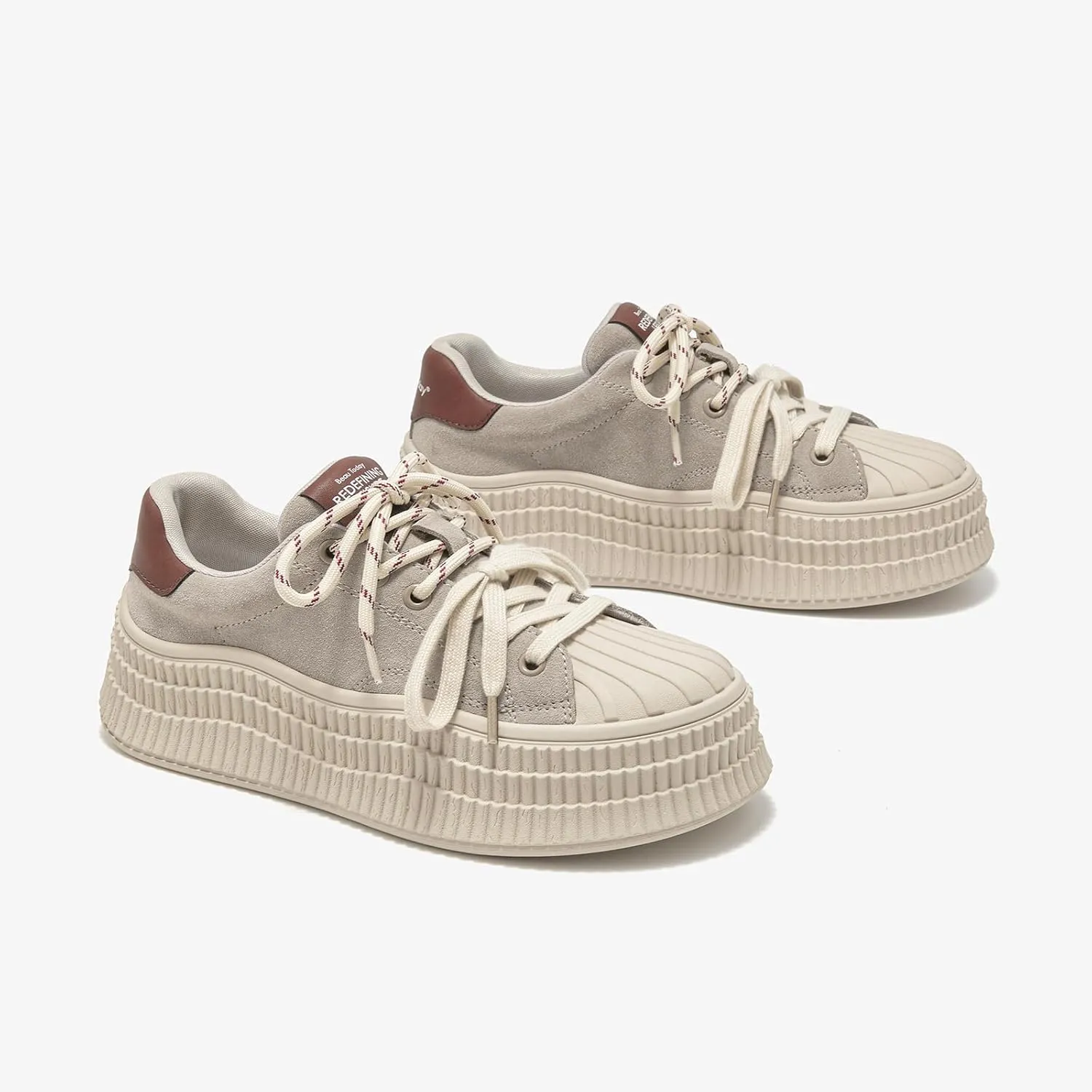 BEAU TODAY Platform Suede Sneakers for Women, Fashion Chunky Sneakers Women, Leather Tennis Ladies Shoes Comfortable, Retro Cute Lace-up Tennis Runnig Trainer Walking Shoes
