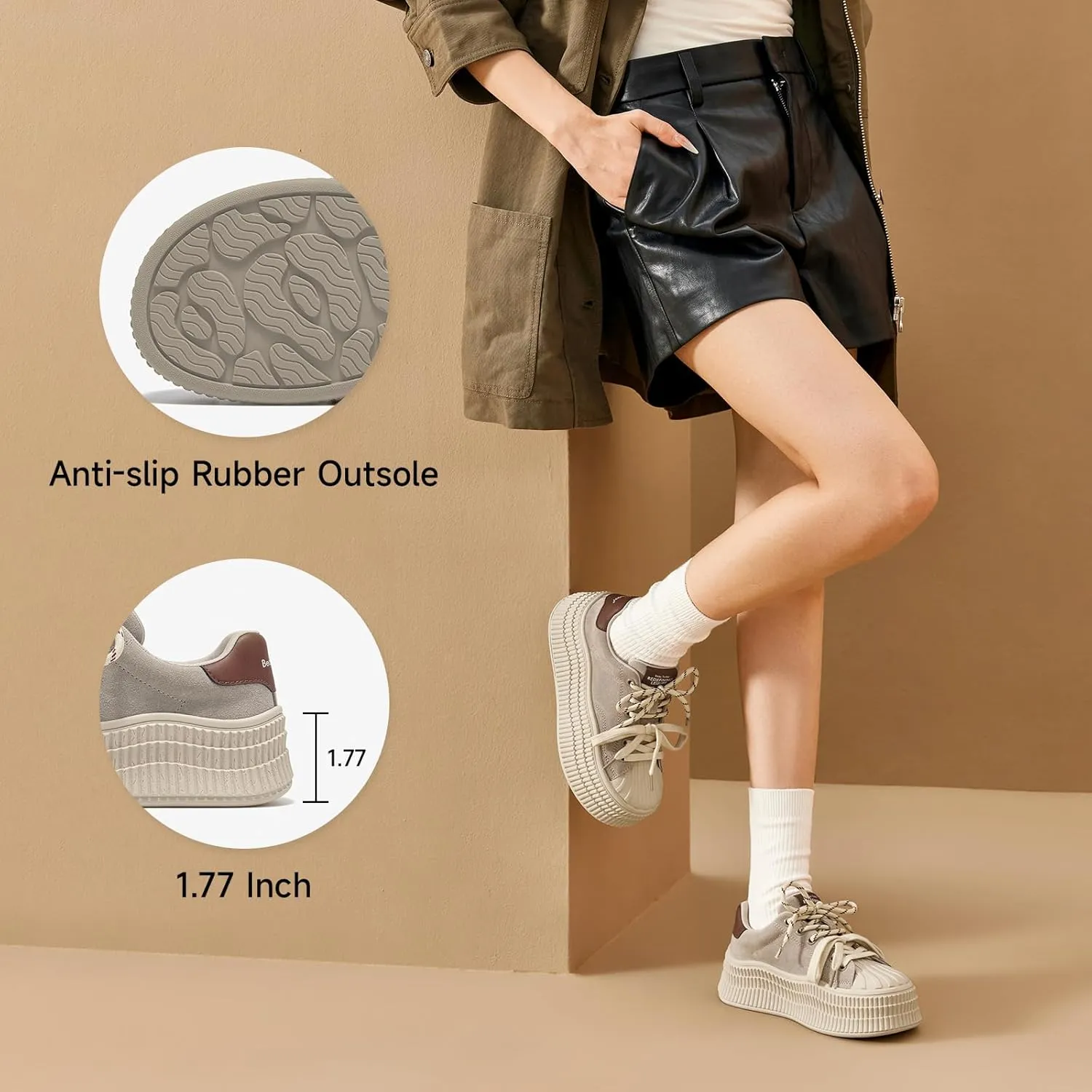 BEAU TODAY Platform Suede Sneakers for Women, Fashion Chunky Sneakers Women, Leather Tennis Ladies Shoes Comfortable, Retro Cute Lace-up Tennis Runnig Trainer Walking Shoes