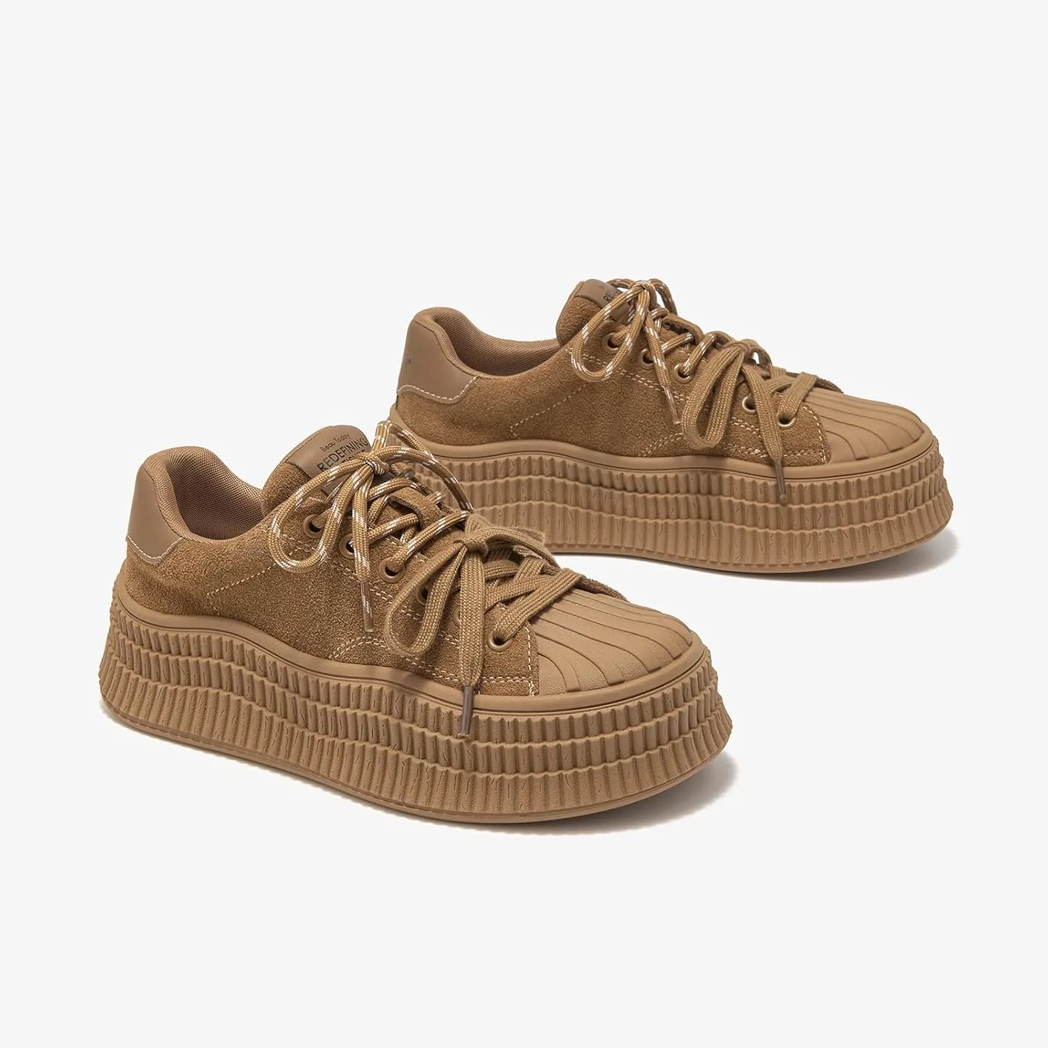 BEAU TODAY Platform Suede Sneakers for Women, Fashion Chunky Sneakers Women, Leather Tennis Ladies Shoes Comfortable, Retro Cute Lace-up Tennis Runnig Trainer Walking Shoes