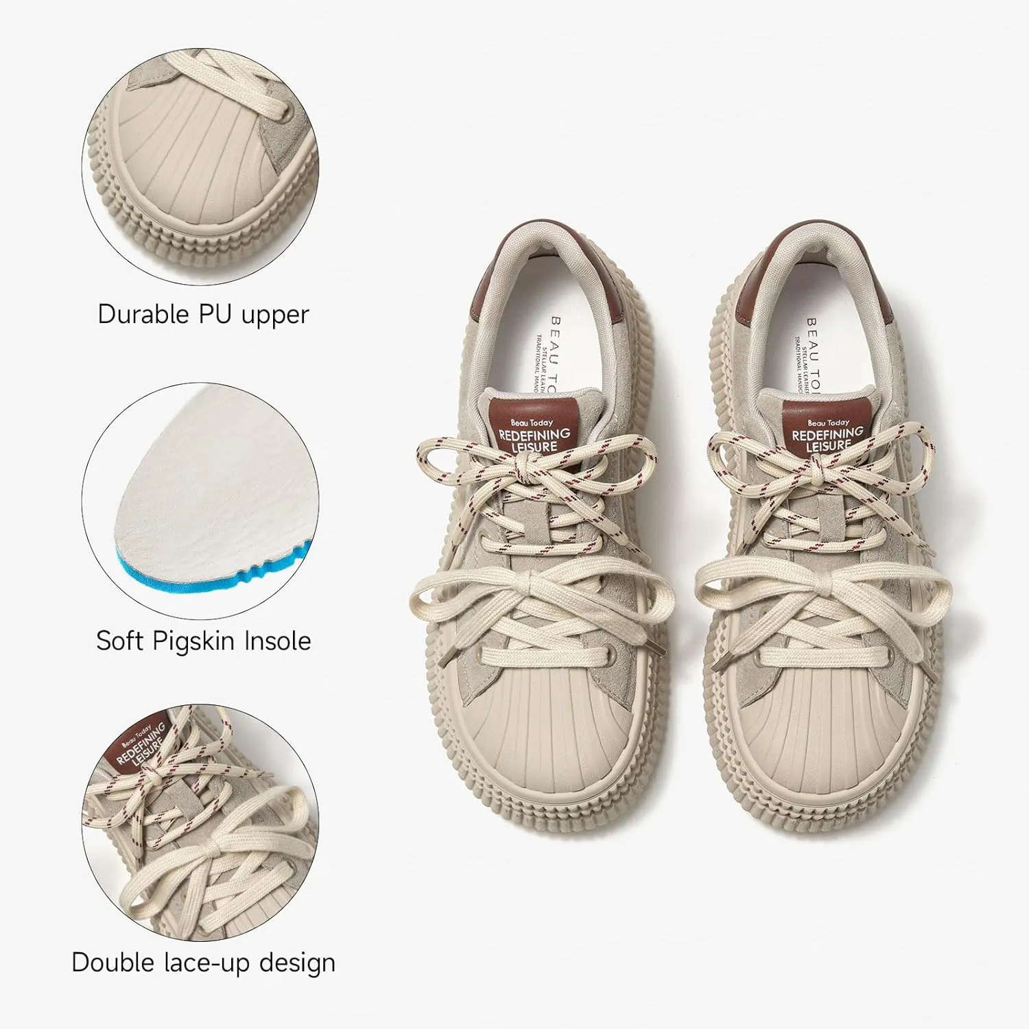 BEAU TODAY Platform Suede Sneakers for Women, Fashion Chunky Sneakers Women, Leather Tennis Ladies Shoes Comfortable, Retro Cute Lace-up Tennis Runnig Trainer Walking Shoes