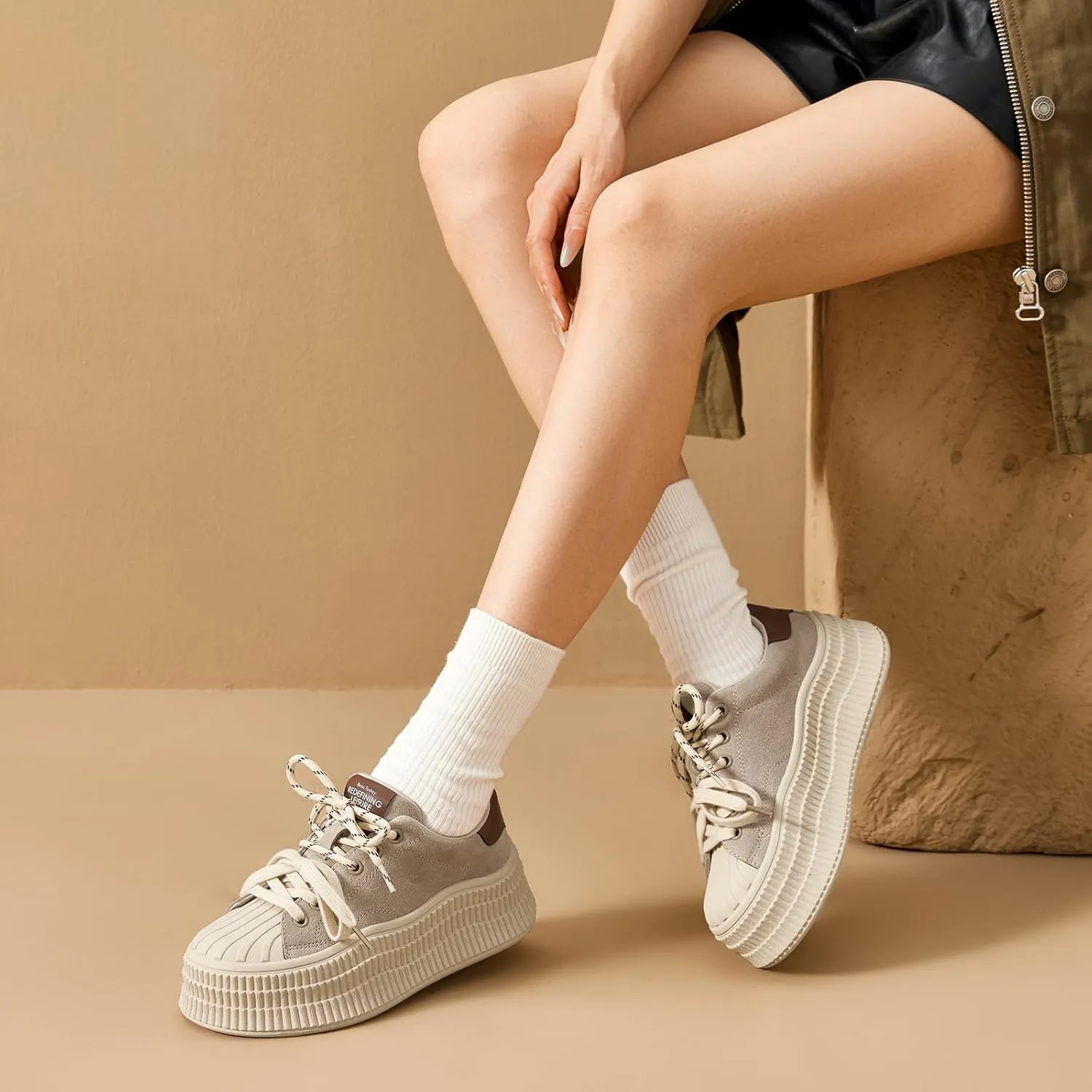 BEAU TODAY Platform Suede Sneakers for Women, Fashion Chunky Sneakers Women, Leather Tennis Ladies Shoes Comfortable, Retro Cute Lace-up Tennis Runnig Trainer Walking Shoes