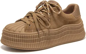 BEAU TODAY Platform Suede Sneakers for Women, Fashion Chunky Sneakers Women, Leather Tennis Ladies Shoes Comfortable, Retro Cute Lace-up Tennis Runnig Trainer Walking Shoes