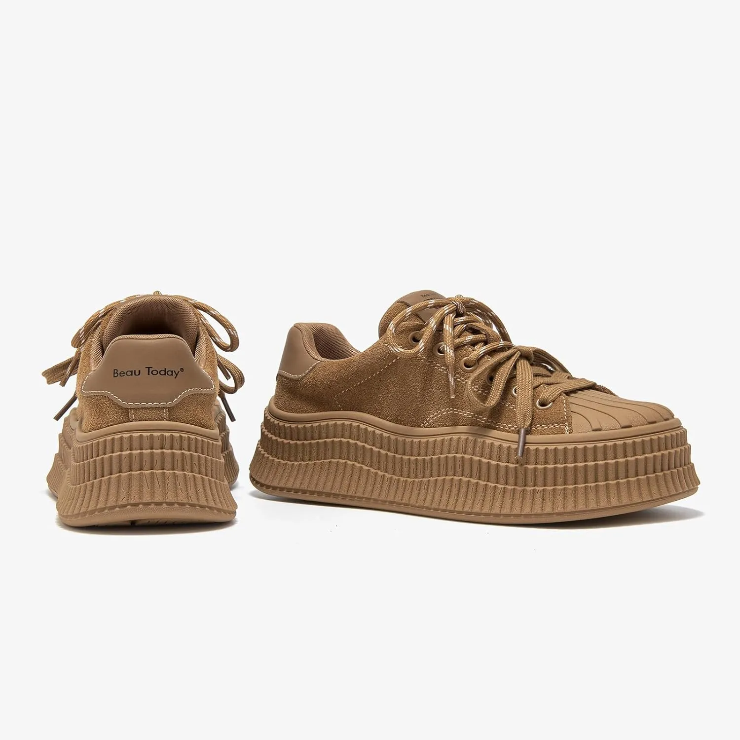BEAU TODAY Platform Suede Sneakers for Women, Fashion Chunky Sneakers Women, Leather Tennis Ladies Shoes Comfortable, Retro Cute Lace-up Tennis Runnig Trainer Walking Shoes
