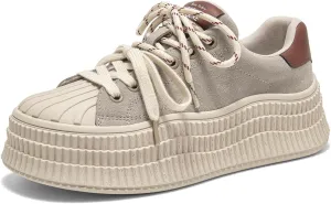 BEAU TODAY Platform Suede Sneakers for Women, Fashion Chunky Sneakers Women, Leather Tennis Ladies Shoes Comfortable, Retro Cute Lace-up Tennis Runnig Trainer Walking Shoes
