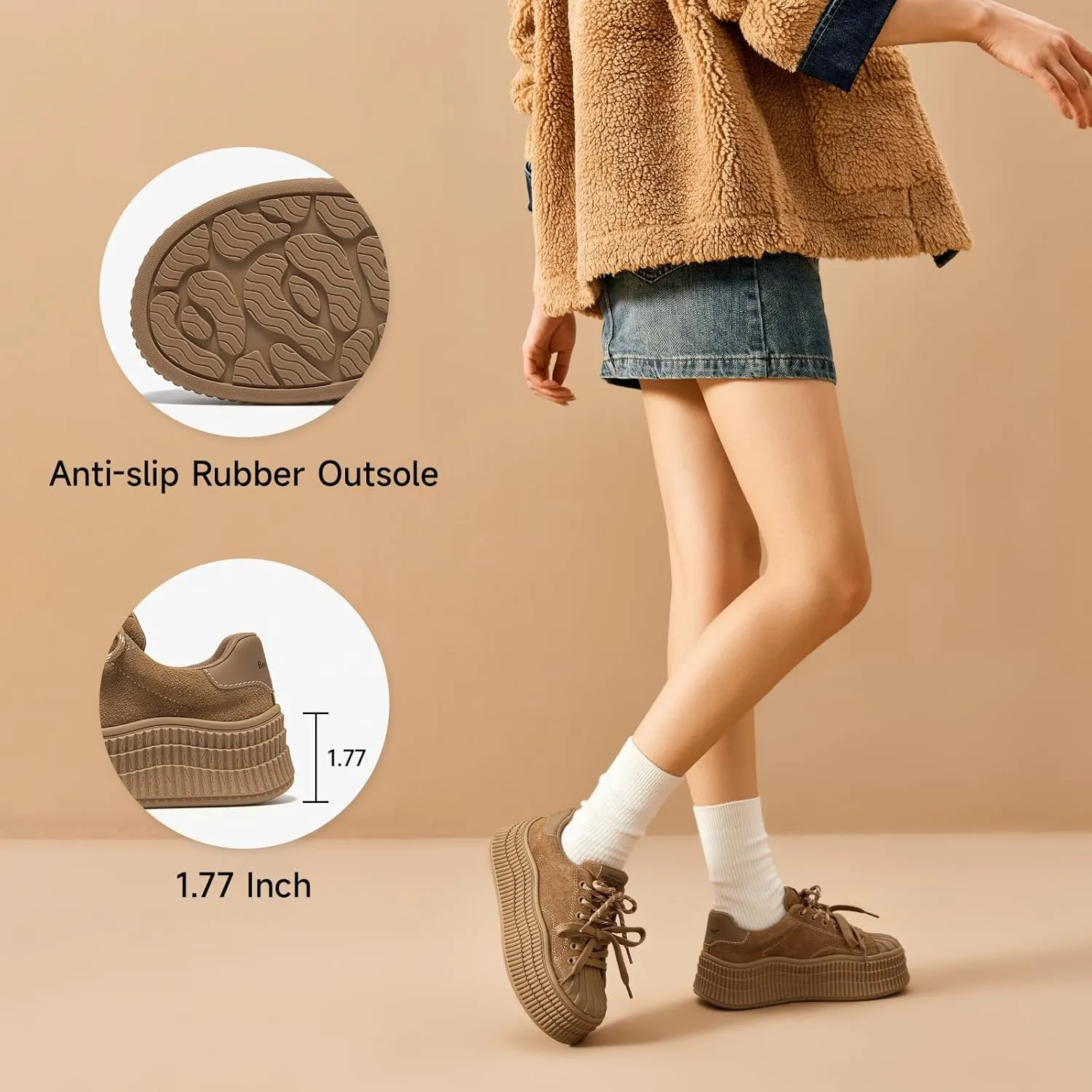 BEAU TODAY Platform Suede Sneakers for Women, Fashion Chunky Sneakers Women, Leather Tennis Ladies Shoes Comfortable, Retro Cute Lace-up Tennis Runnig Trainer Walking Shoes