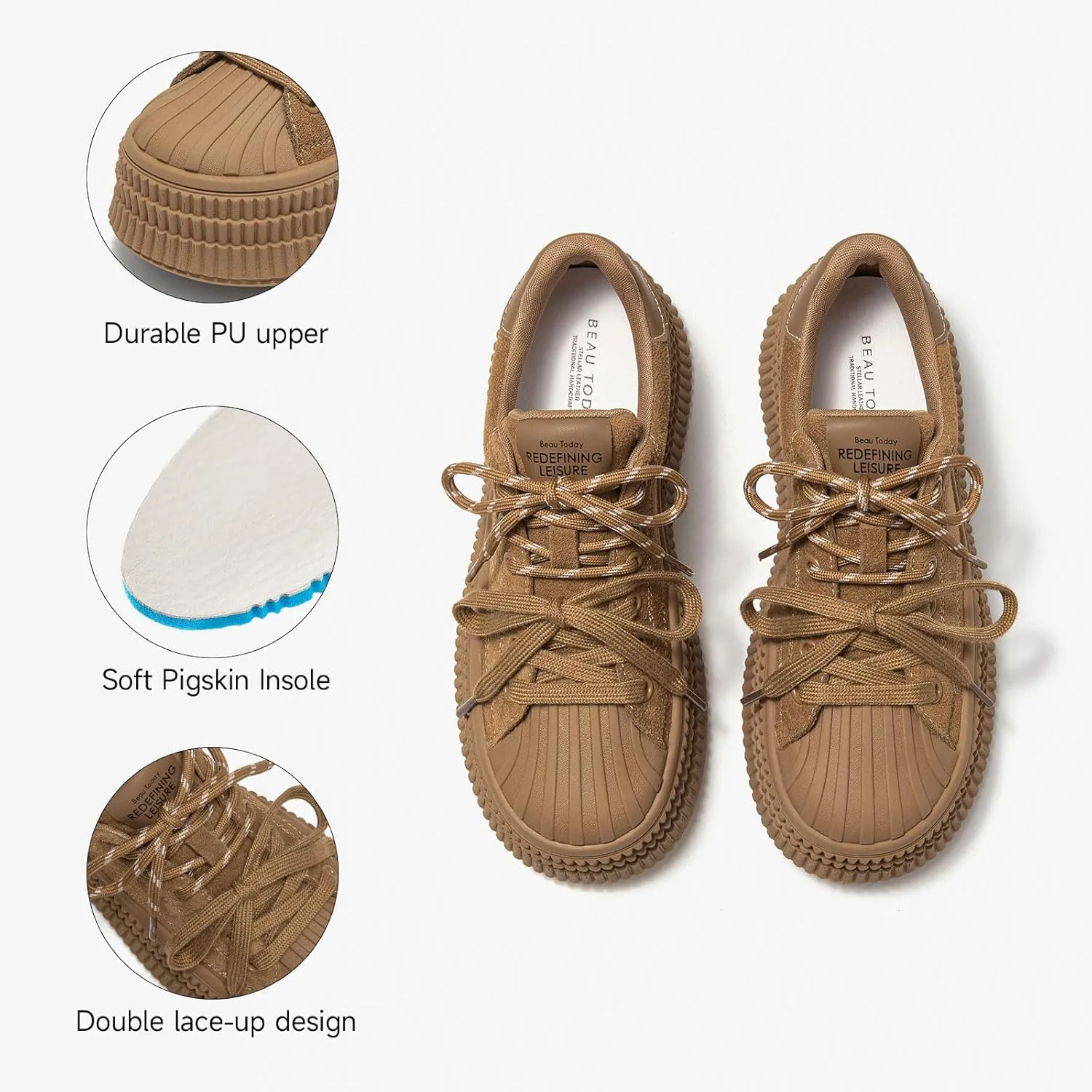 BEAU TODAY Platform Suede Sneakers for Women, Fashion Chunky Sneakers Women, Leather Tennis Ladies Shoes Comfortable, Retro Cute Lace-up Tennis Runnig Trainer Walking Shoes