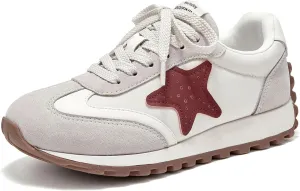 BEAU TODAY Women’s Flat Sneakers, Retro Comfortable Lace-up Fashion Sneakers for Women, Buckle Decoration Casual Leather Walking Shoes