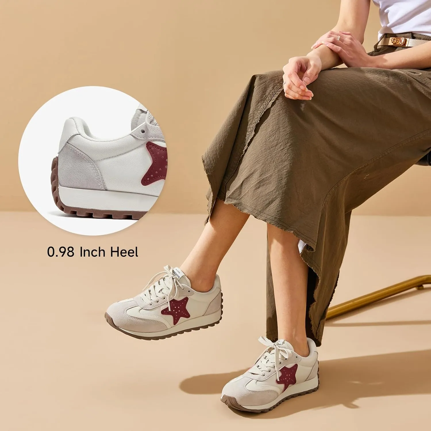 BEAU TODAY Women’s Flat Sneakers, Retro Comfortable Lace-up Fashion Sneakers for Women, Buckle Decoration Casual Leather Walking Shoes