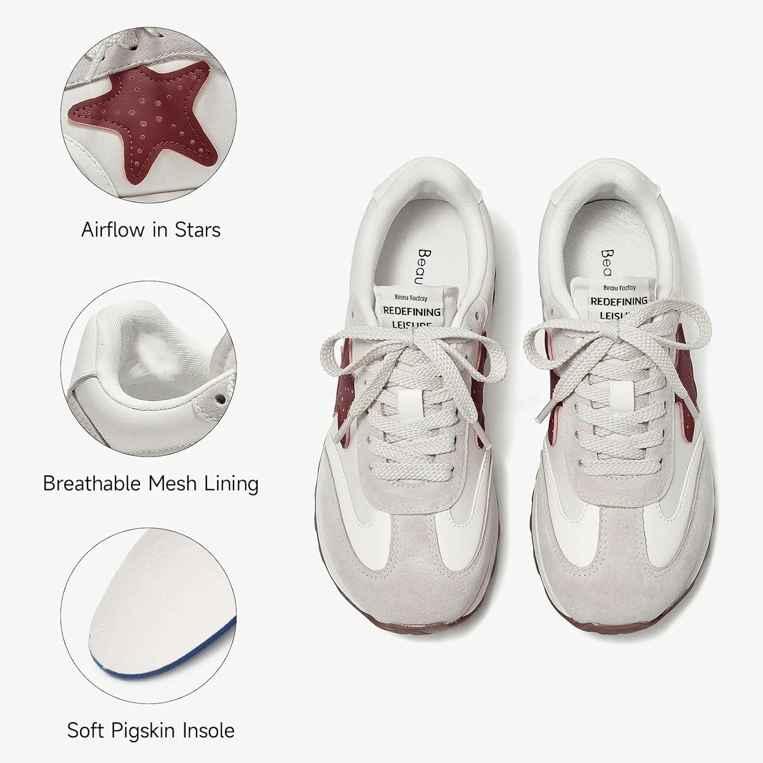 BEAU TODAY Women’s Flat Sneakers, Retro Comfortable Lace-up Fashion Sneakers for Women, Buckle Decoration Casual Leather Walking Shoes