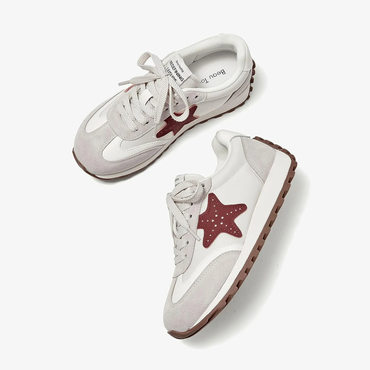 BEAU TODAY Women’s Flat Sneakers, Retro Comfortable Lace-up Fashion Sneakers for Women, Buckle Decoration Casual Leather Walking Shoes