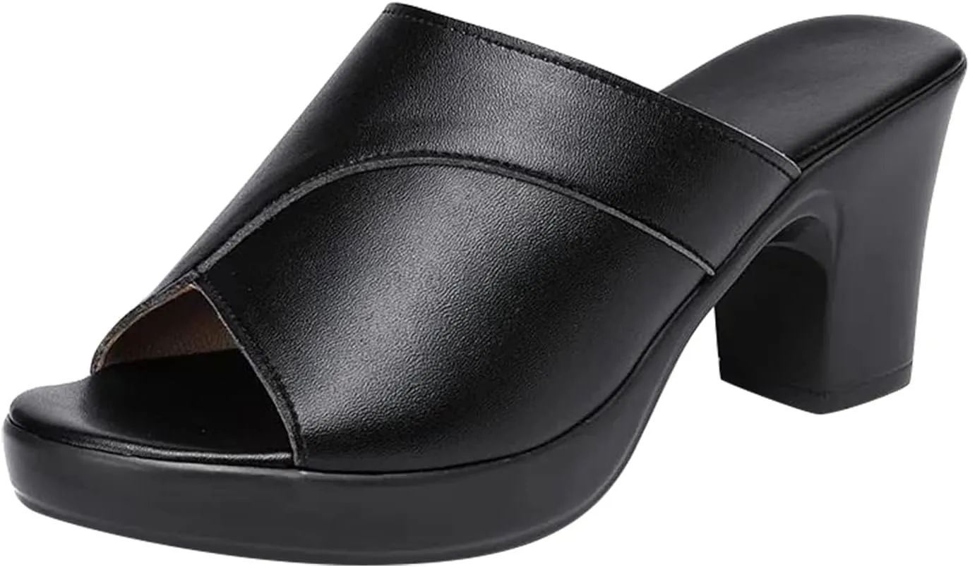 Chunky Heels for Women Wedge Siides Sandals Platform Open Toe Heels Slippers Slip on Elastic Band Wedges Shoes