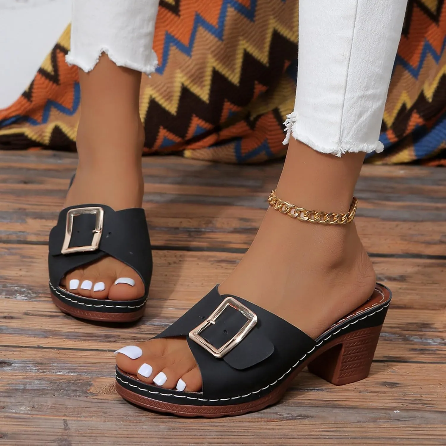 Chunky Heels for Women Wedge Siides Sandals Platform Open Toe Heels Slippers Slip on Elastic Band Wedges Shoes