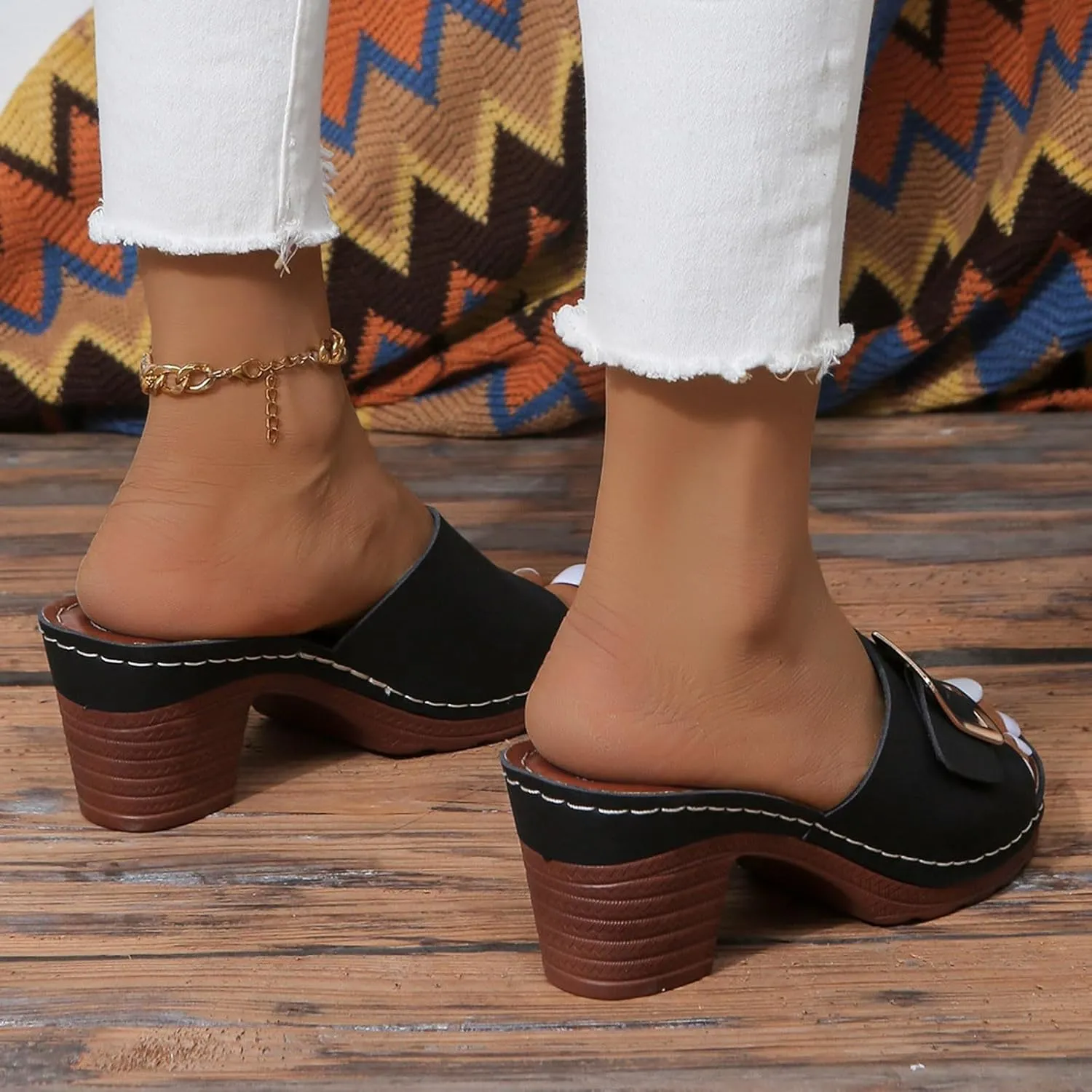 Chunky Heels for Women Wedge Siides Sandals Platform Open Toe Heels Slippers Slip on Elastic Band Wedges Shoes