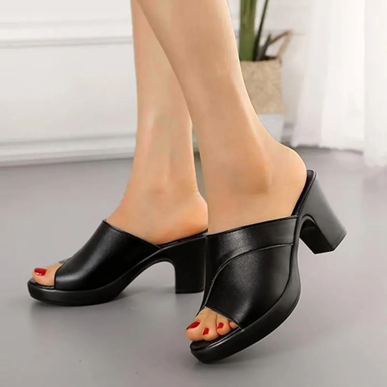 Chunky Heels for Women Wedge Siides Sandals Platform Open Toe Heels Slippers Slip on Elastic Band Wedges Shoes
