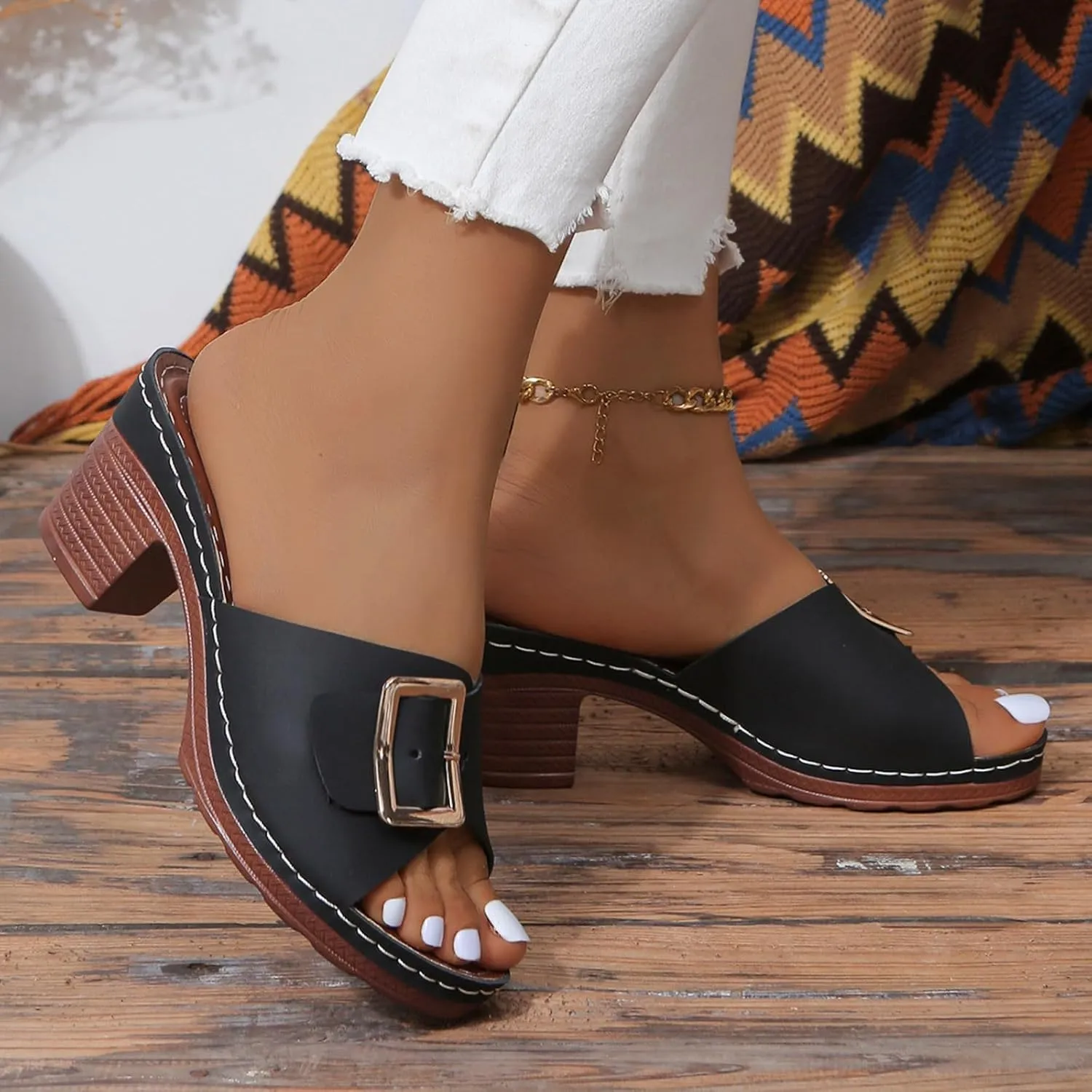 Chunky Heels for Women Wedge Siides Sandals Platform Open Toe Heels Slippers Slip on Elastic Band Wedges Shoes
