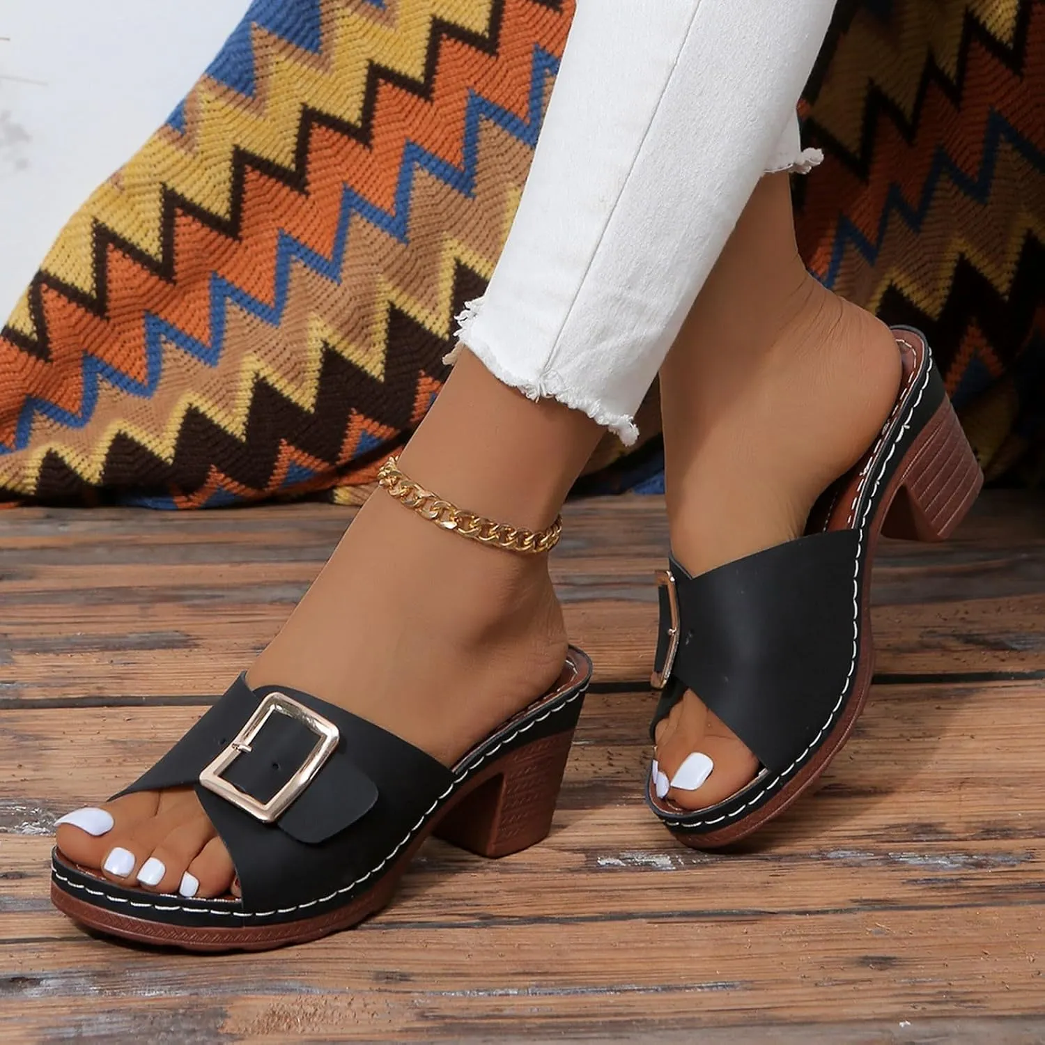 Chunky Heels for Women Wedge Siides Sandals Platform Open Toe Heels Slippers Slip on Elastic Band Wedges Shoes