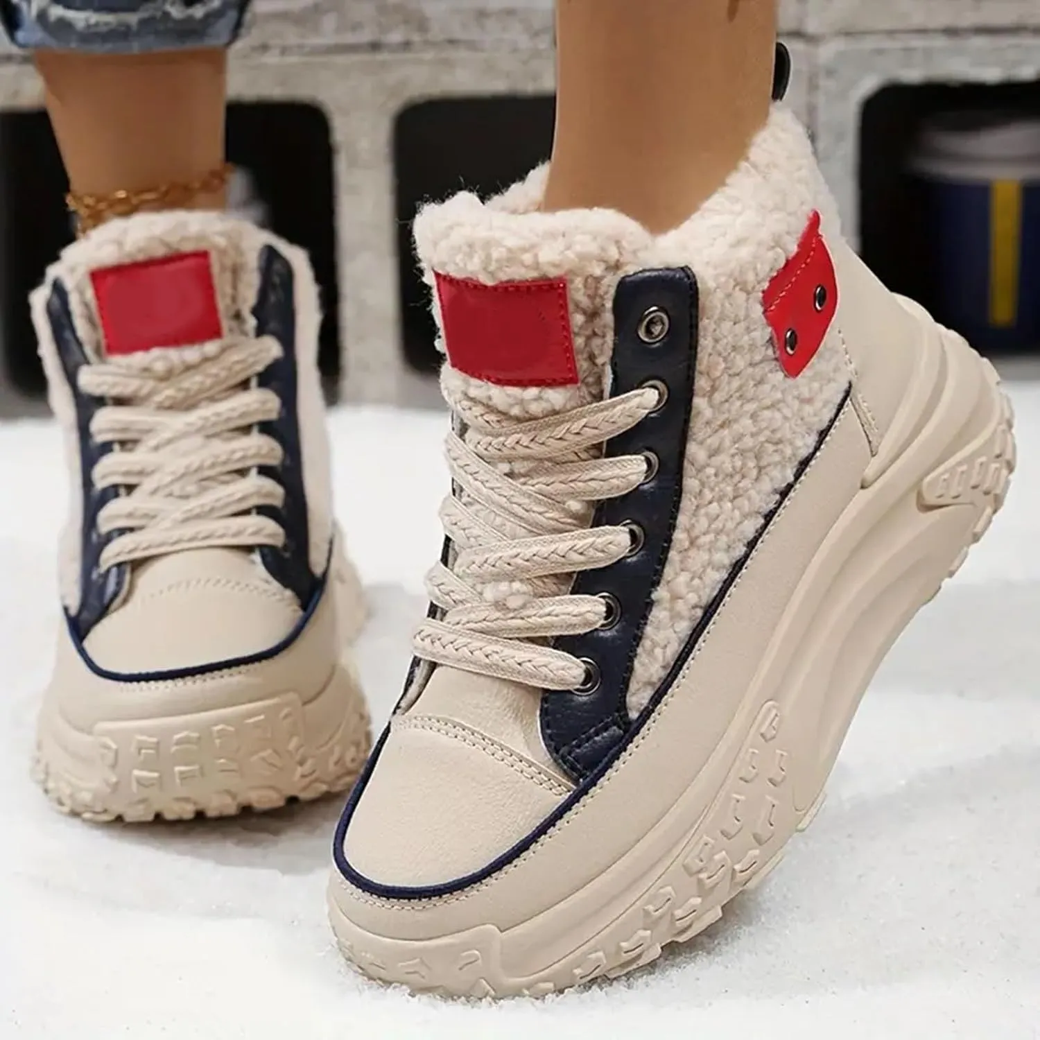 Chunky Sneakers Platform for Women Trendy,Wide Width Canvas Platform Shoes for Women,High Top Lace Up Platform Sneakers for Women Fashion Casual Velvet Warm Slip Ons Walking Sneakers