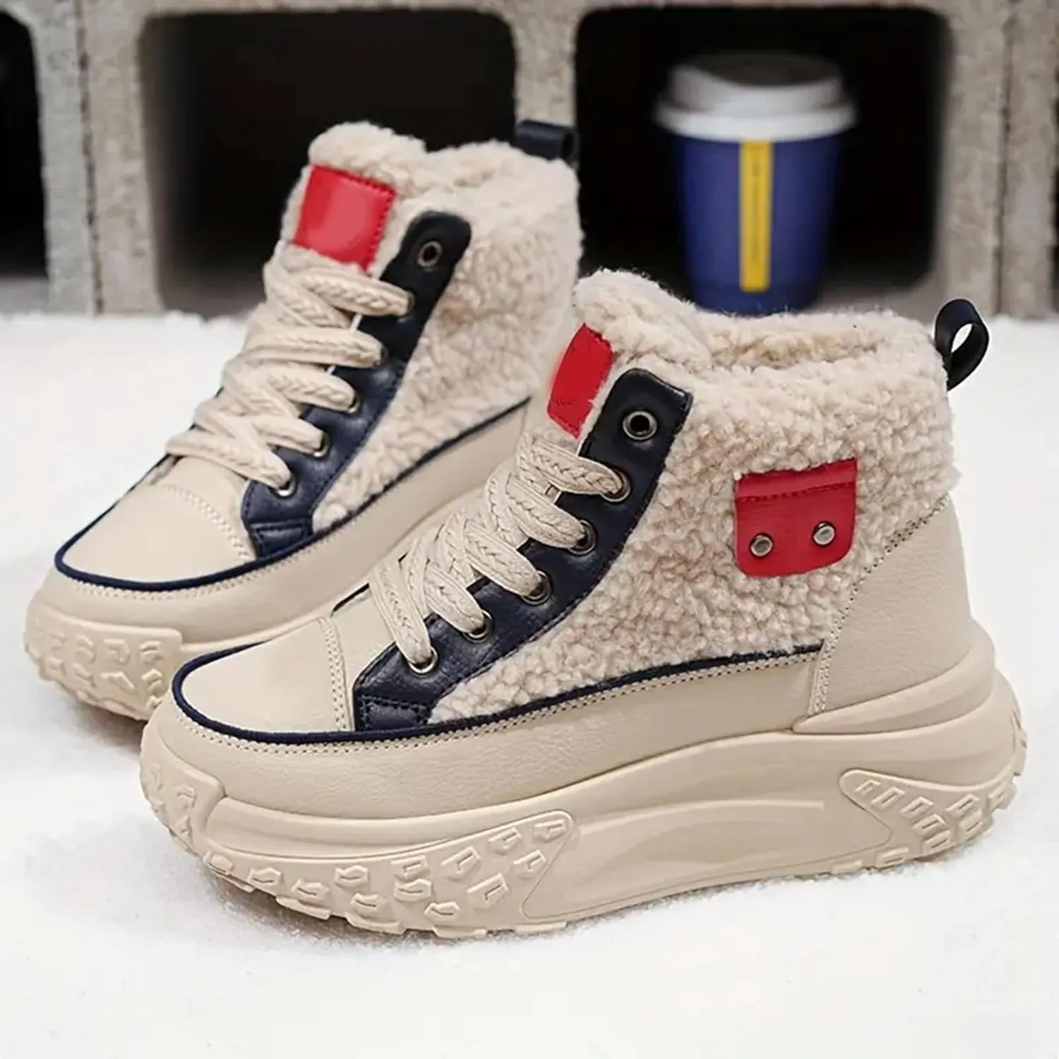Chunky Sneakers Platform for Women Trendy,Wide Width Canvas Platform Shoes for Women,High Top Lace Up Platform Sneakers for Women Fashion Casual Velvet Warm Slip Ons Walking Sneakers
