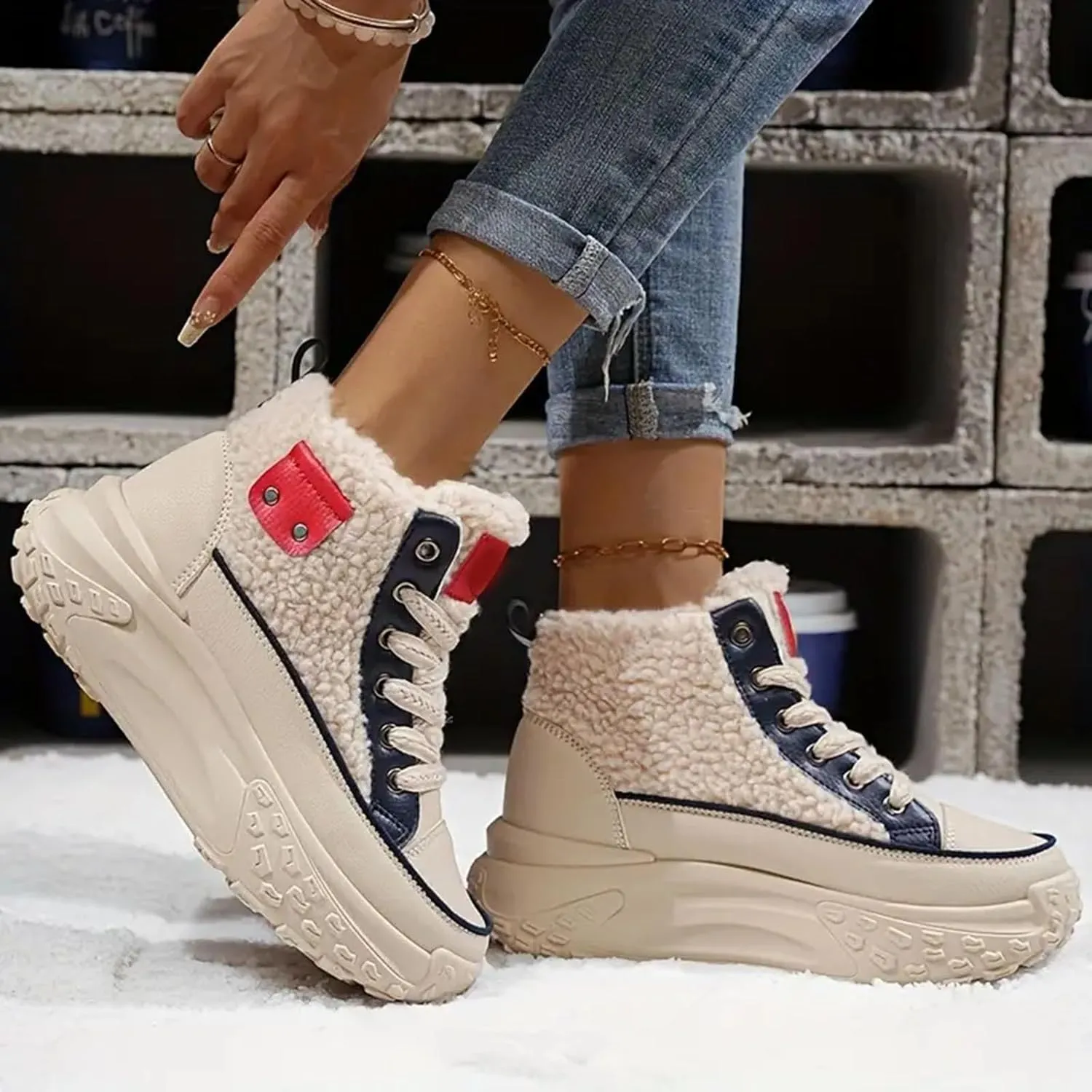 Chunky Sneakers Platform for Women Trendy,Wide Width Canvas Platform Shoes for Women,High Top Lace Up Platform Sneakers for Women Fashion Casual Velvet Warm Slip Ons Walking Sneakers