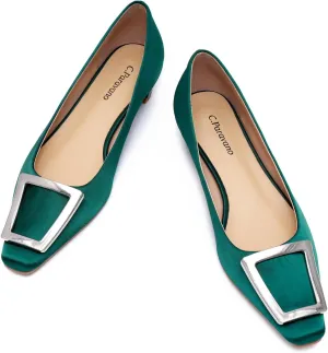C.Paravano Women's Pumps Square Toe Low Heels Trapezoid Metal Buckle Closed Chunky Heel Dress Shoes Soft Leather Low Block Heels for Casual Outfits Satin(Green,10.5)