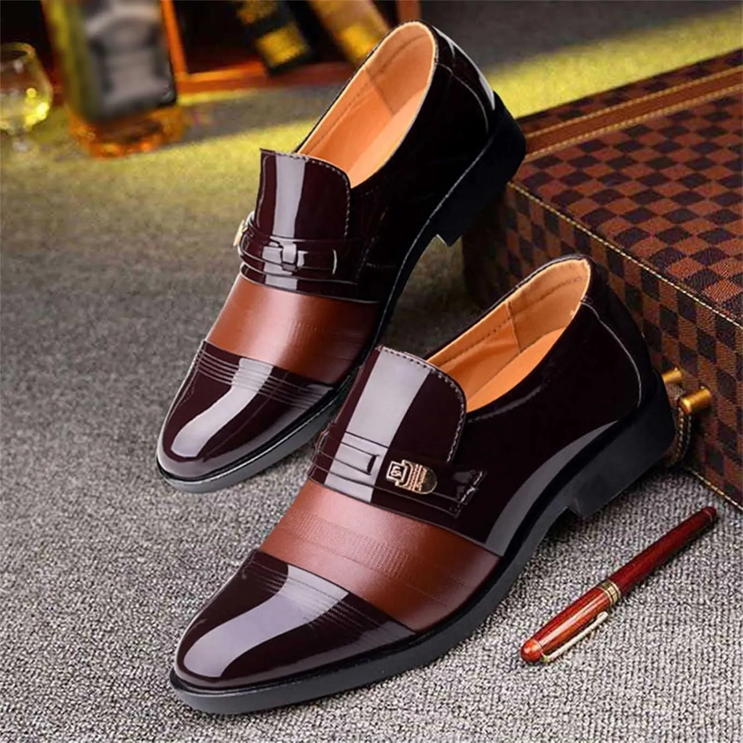 Dress Shoes for Men Slip On Pointed Toe Oxfords Shoes Low Heeled Breathable Leather Shoes Minimalist Derby Shoes