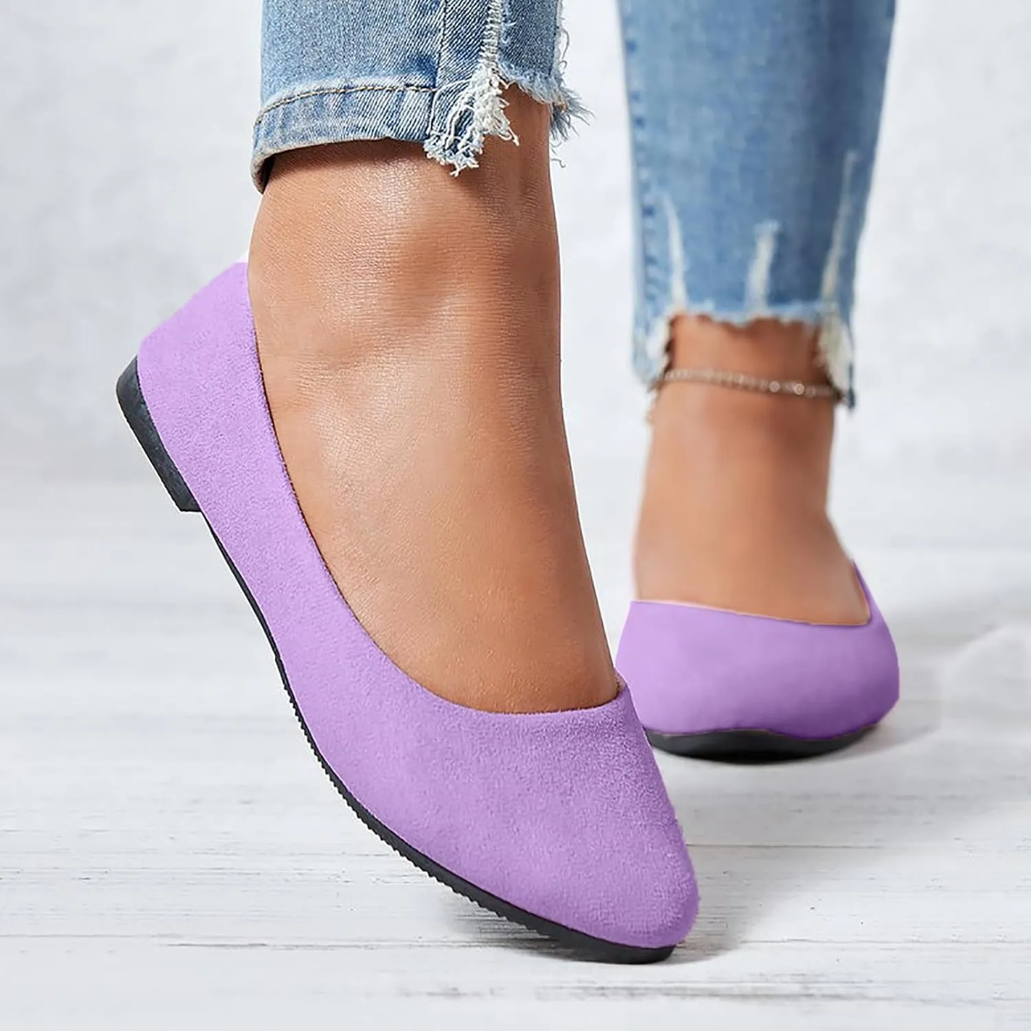 Flat Shoes for Women Comfortable Slip On Walking Ballerina Shoe Ladies Pointed-Toe Ballet Flats Suede Shallow Single-Shoes