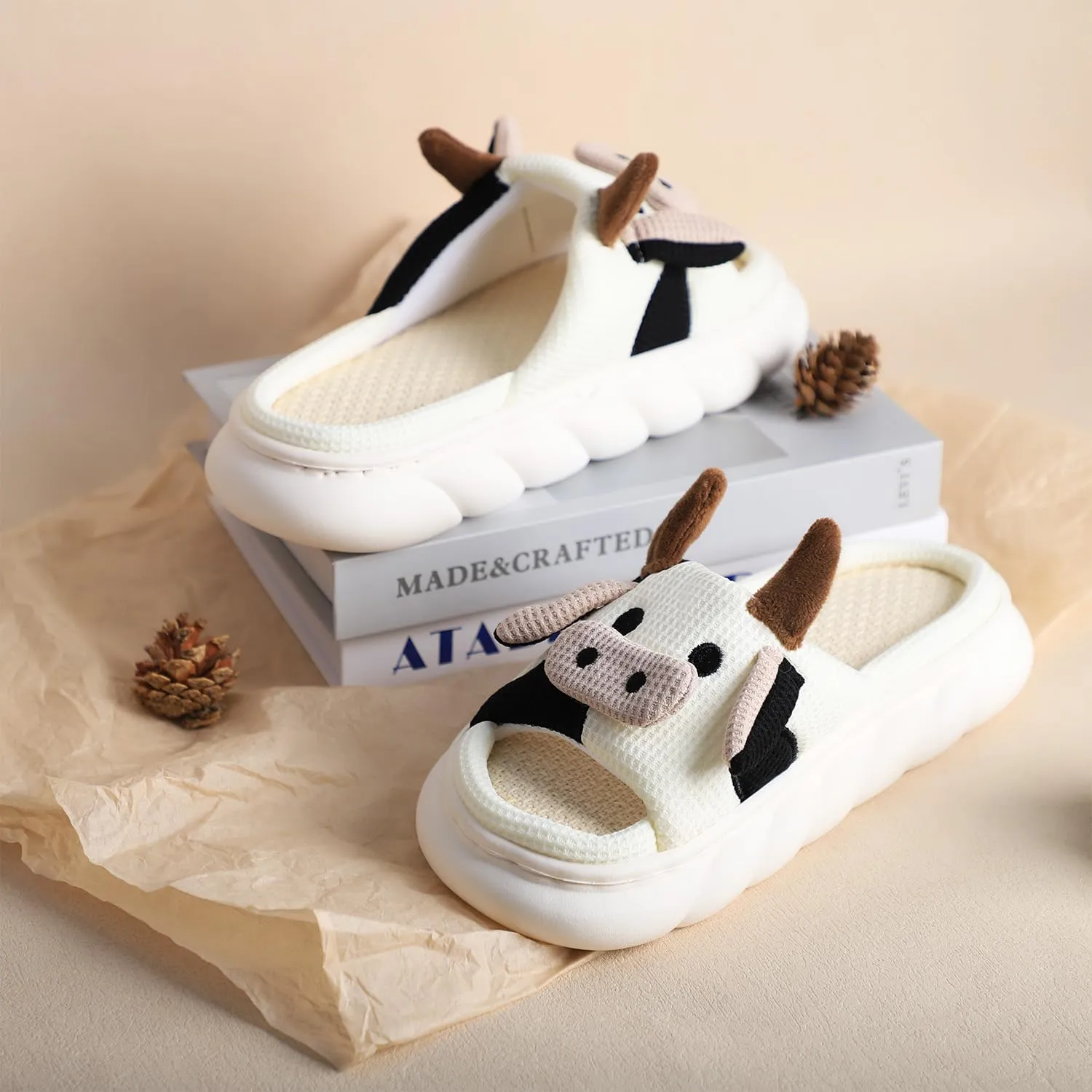 Gaolinci Cartoon Cow Cotton Slippers, Winter Indoor Outdoor Slippers for Women