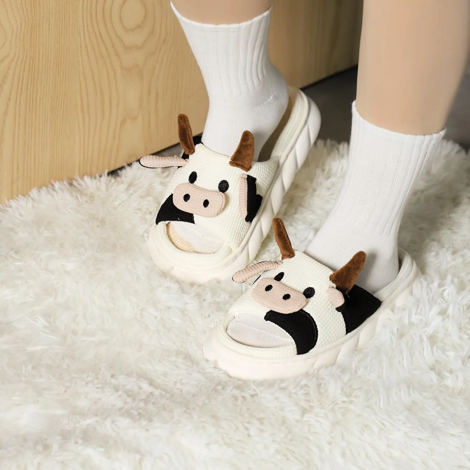 Gaolinci Cartoon Cow Cotton Slippers, Winter Indoor Outdoor Slippers for Women