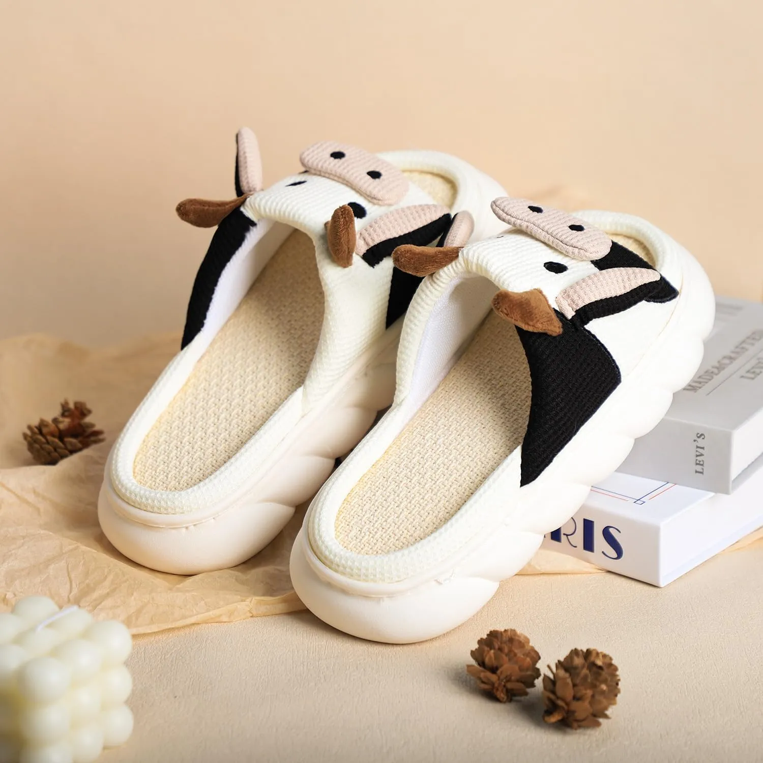 Gaolinci Cartoon Cow Cotton Slippers, Winter Indoor Outdoor Slippers for Women