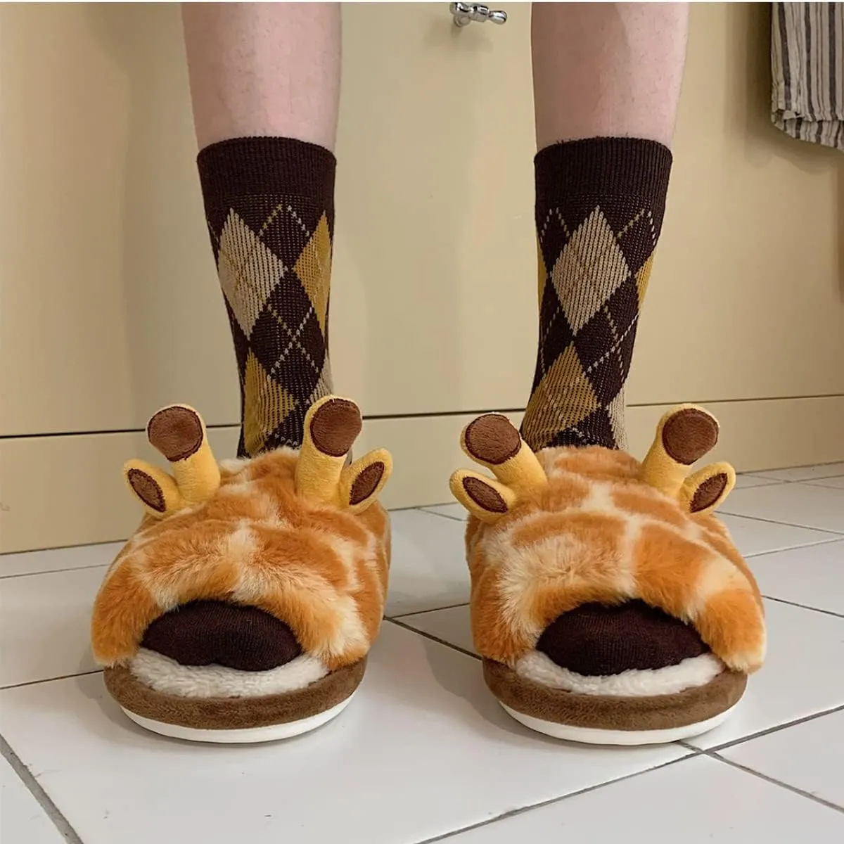 Gaolinci Cartoon Giraffe Cotton Slippers, Winter Indoor Outdoor Slippers for Women
