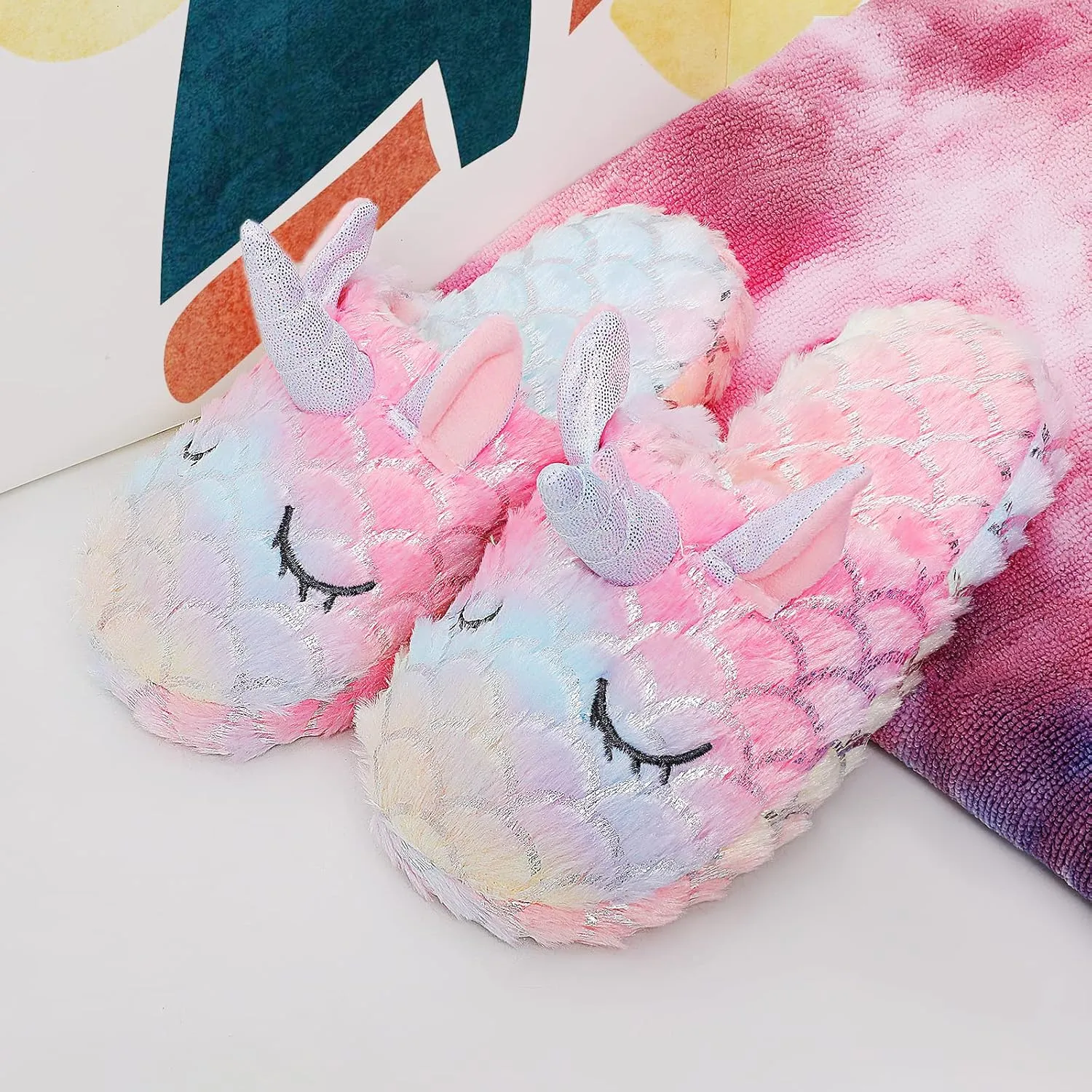 Girls Family Unicorn Slippers Cute Fluffy Anti-Slip Indoor Home Slippers Household Winter Warm Slippers